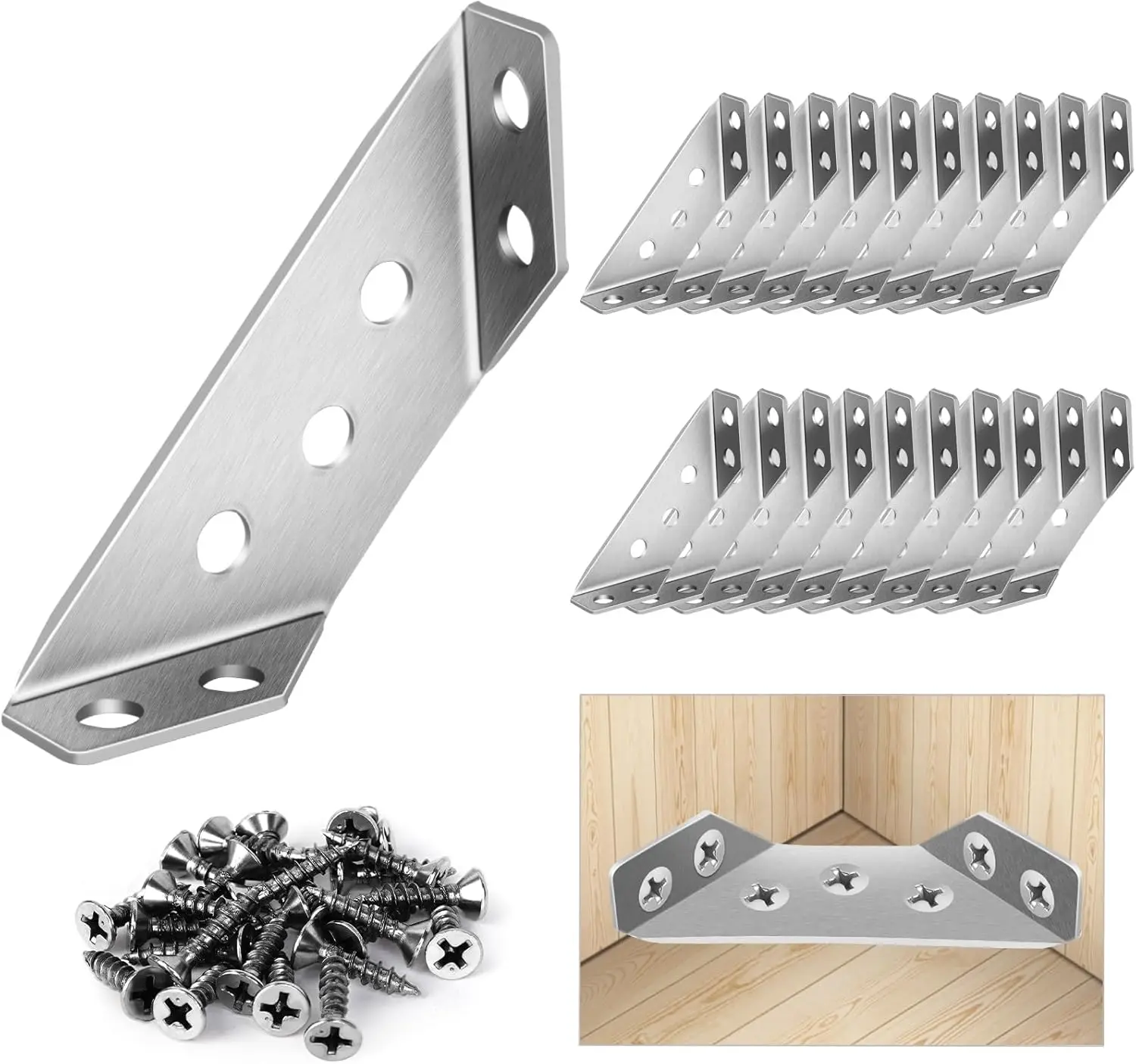 20 stainless steel furniture corner connectors, corner brackets with screws, corner connectors for furniture cabinet shelves