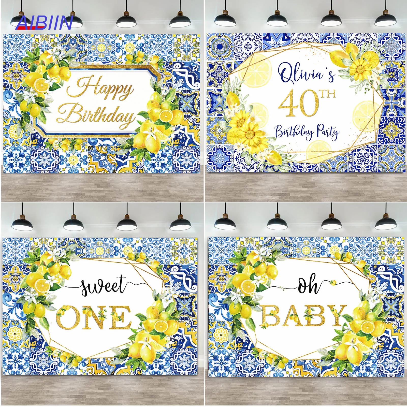 AIBIIN Lemon Oh Baby Shower Backdrop Blue Tile Birthday Party Decor Photography Background Newborn Cake Smash Banner Photozone