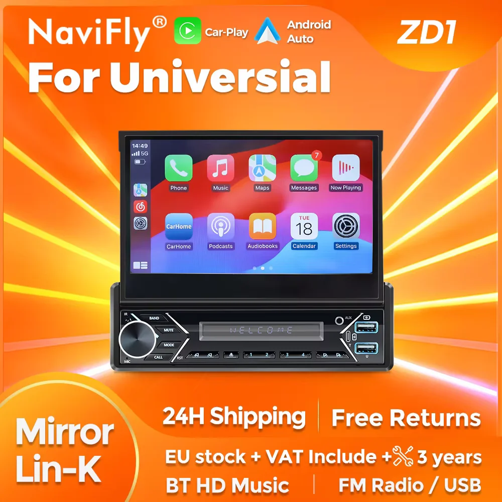 NaviFly 7inch telescopic Foldable Screen Android Auto Wireless CarPlay For Universal 1Din Car Radio Multimedia Player FM Radio