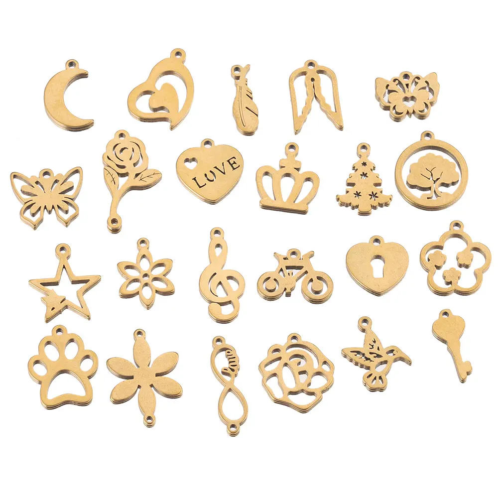 Breloques en acier inoxydable, 20 pièces/lot, mélange de bijoux exécutifs, couronne, plume, papillon, clé, petit cuir chevelu, connecteurs,