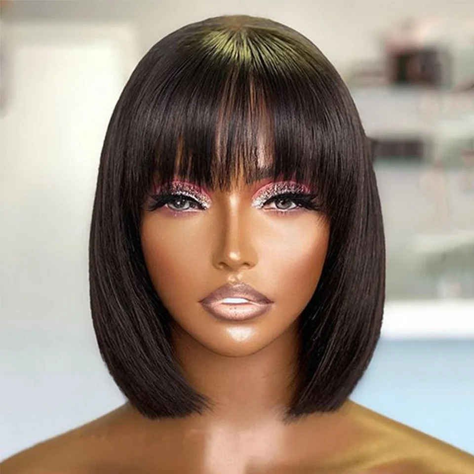 

180% Density Fringe Straight Short Bob Wigs #1 Natural Black Brazilian Virgin Hair 100% Human Hair Wigs Full Machine Made Wigs