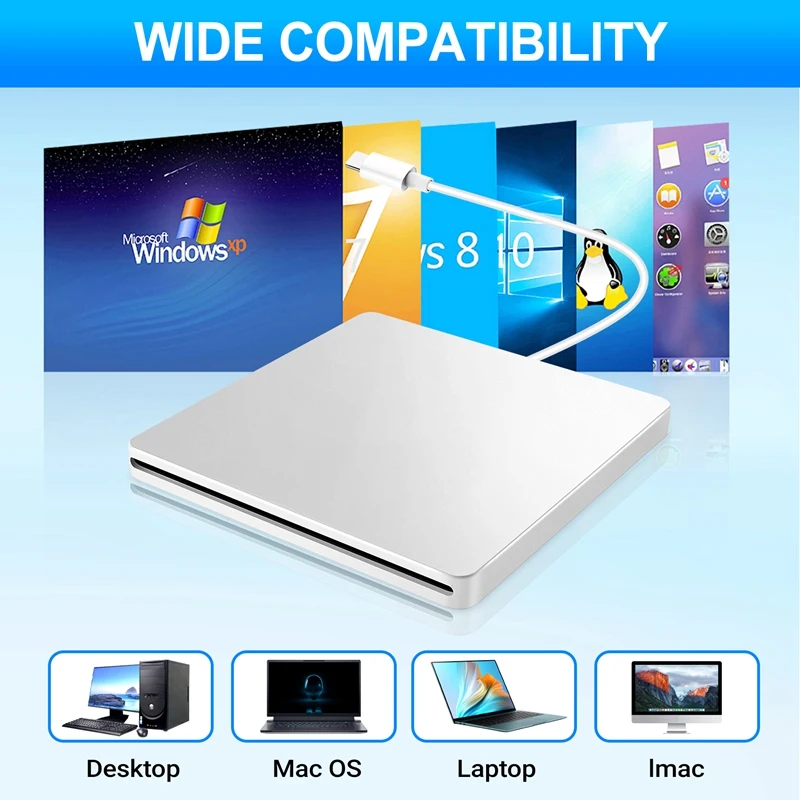 

USB External CD/DVD Drive Type C Portable Drive-Free CD Players for Laptop PC ,Silver-A07G