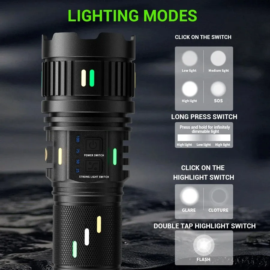 Long Range Tactical Torch High Power LED Flashlight USB Rechargeable Super Bright Lantern With Luminous Strips Outdoor Lamp