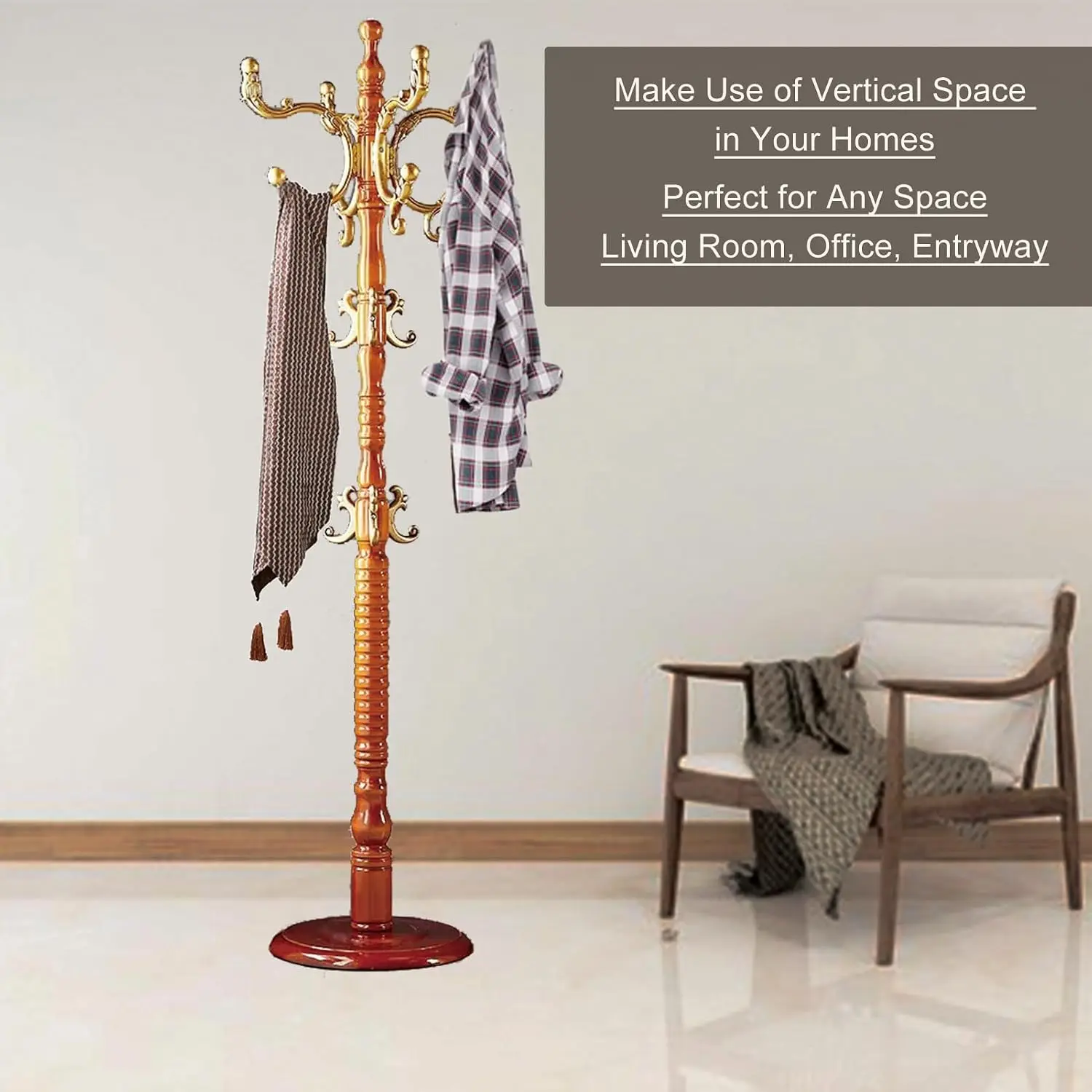Wooden Coat Rack Stand With 14 Hooks & Stable Disc Base For Bedroom Hallway Office Hats Coats Scarves, Customized