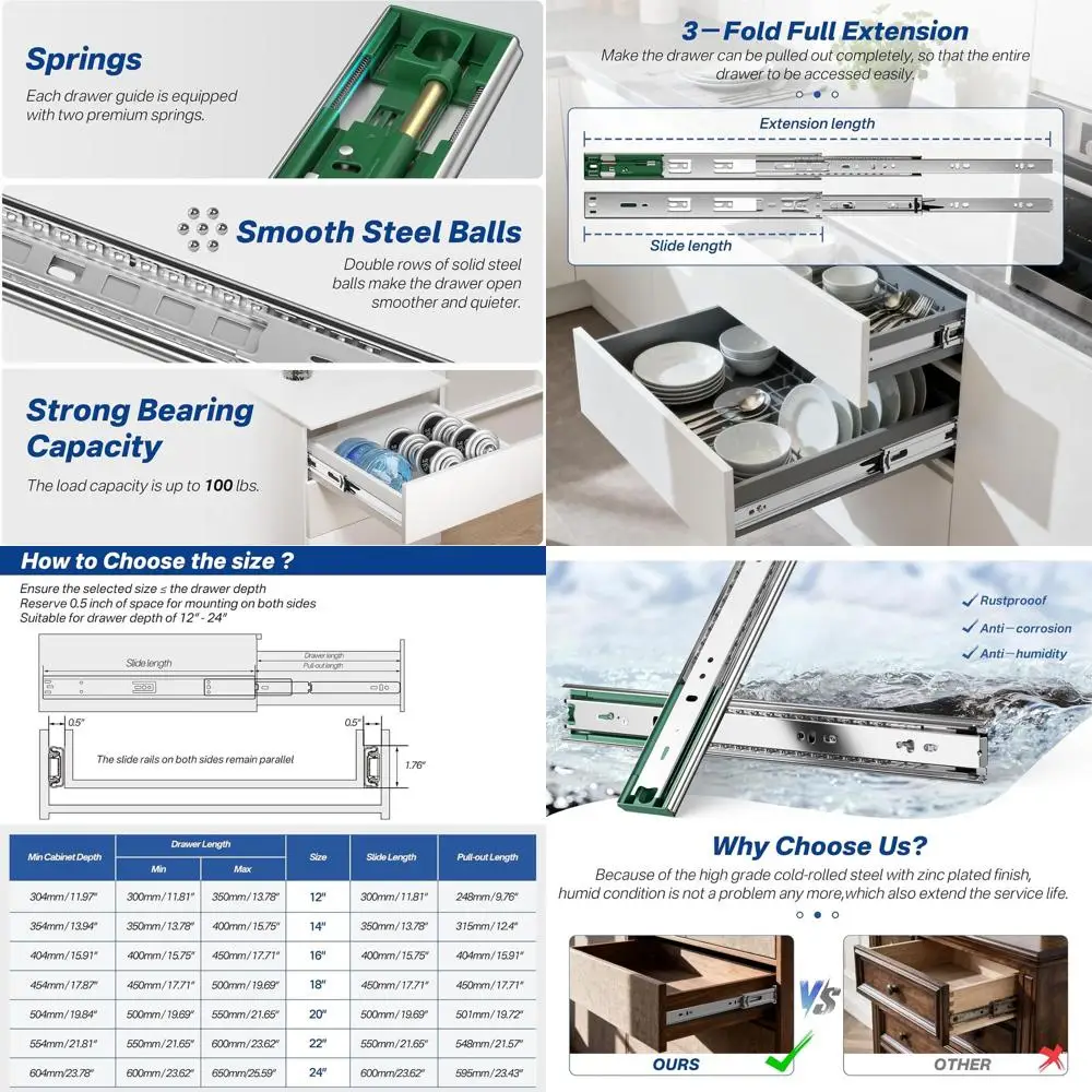 

20-дюймовые усиленные направляющие с шарикоподшипниками, выдерживающие нагрузку до 45 кг, для бесшумного хранения в шкафах, на кухне и для инструментов