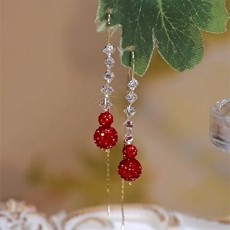 Luxury Red Gourd Zircon Earrings for Women Fashionable Opal Ginkgo Leaf Long Tassel Ear Line Earring Girls Party Wedding Jewelry