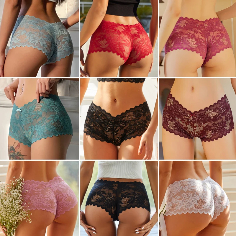 3PCS/Set New Bow Sexy Lace Lingerie For Women V-Waist Floral Perspective Panties Female Underwear Breathable Briefs Bodyshorts