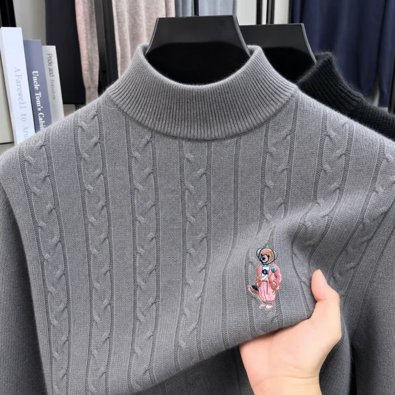 Neuer Herren-Jacquard-Pullover für den Herbst, Hochwertiger Strickpullover mit halbhohem Kragen und Stickerei, Modische Herrenbekleidung – Detail 4