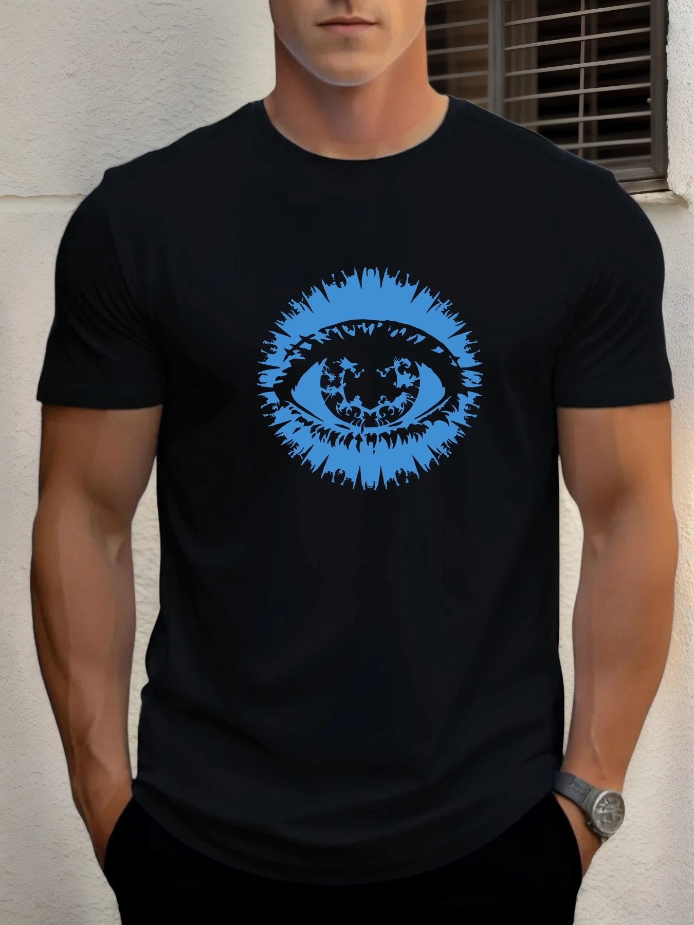 

2025 Summer Men's Cotton T Shirt Eyes Trendy Print Round Neck T-Shirt Casual Breathable Street Style Daily Top