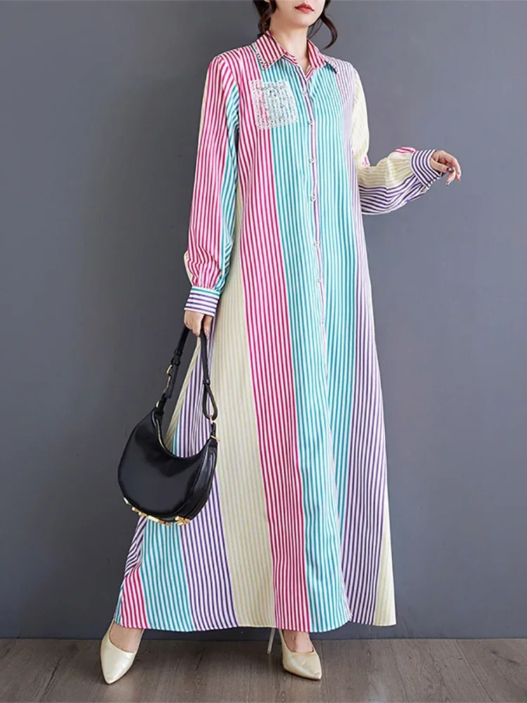XITAO Turn Down Collar Stripe Women Shirt Dress Casual 2025 Autumn Long Sleeve Elegant Loose A-line Ankle Length Dress LJ1070