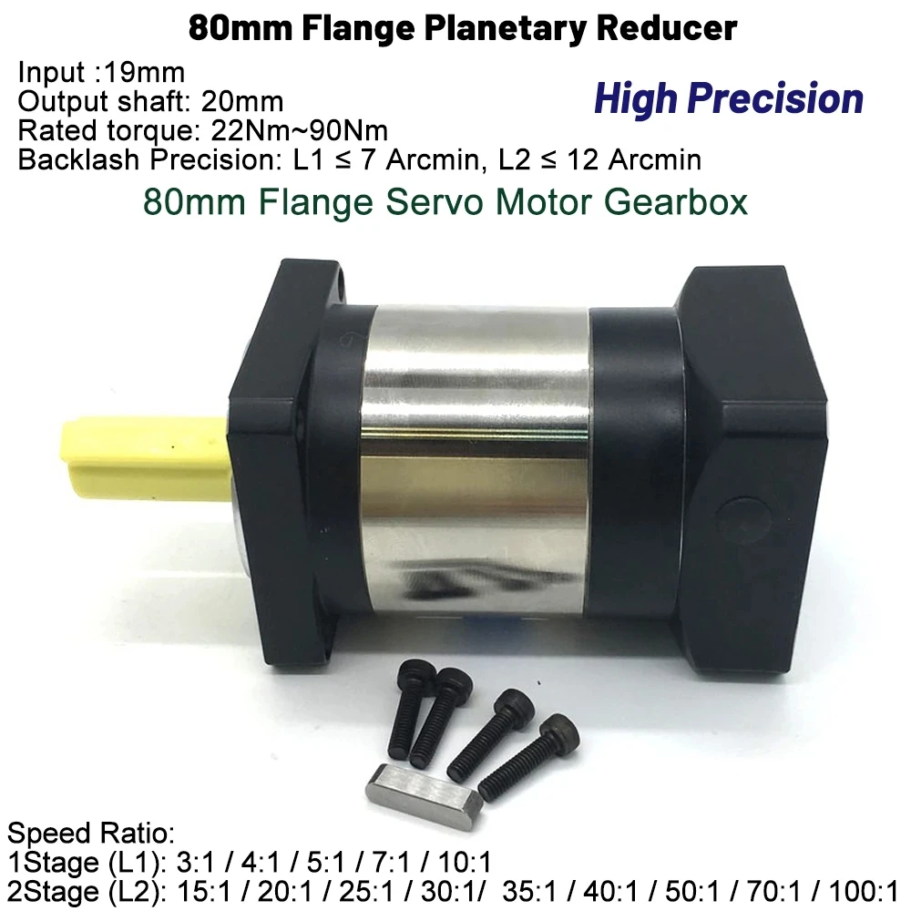 Imagem -06 - Servo Motor Redutor 80 Milímetros Flange Velocidade Ratio 3:1 4:1100: Entrada 19 mm 7-12arcmin Servo Engrenagem Planetária Caixa de Velocidades 400w600w730w750w