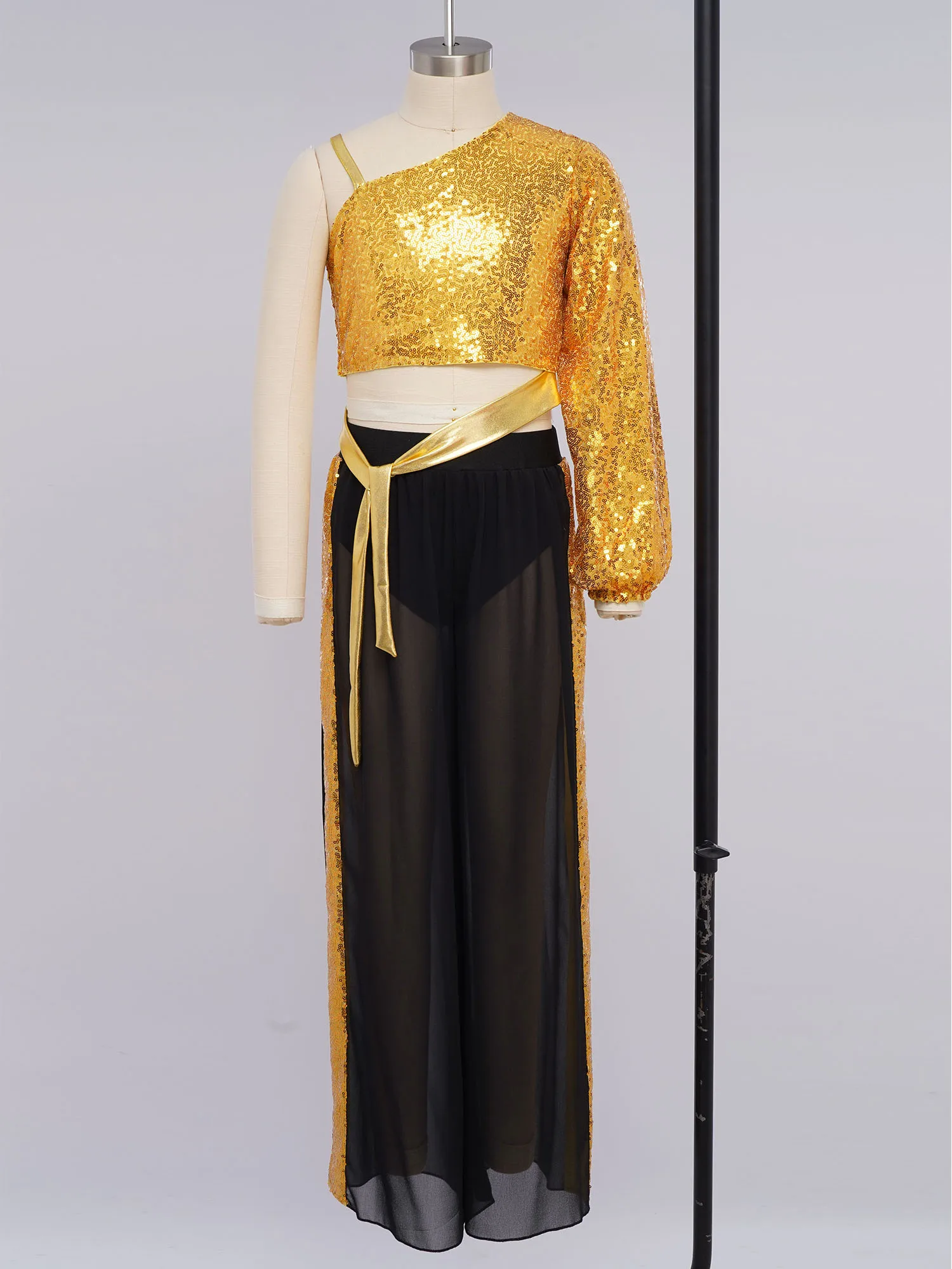 

Kids Girls Sequins Dance Clothes Set Single Long Sleeve Self-Tie Crop Top with Wide-Leg Pants Lyrical Dancewear Jazz Outfits