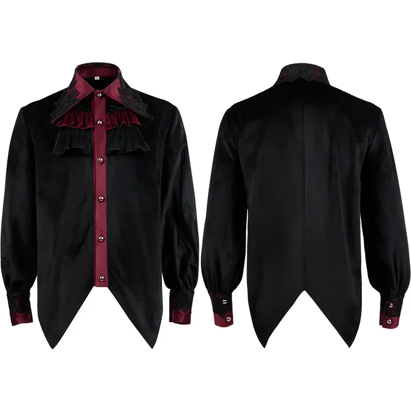 2025 Steampunk Men's Black Shirt Lace Trim Ruched Tailcoat Gothic Vampire Halloween Costume Medieval Victorian Jabot Tunic Top image 2