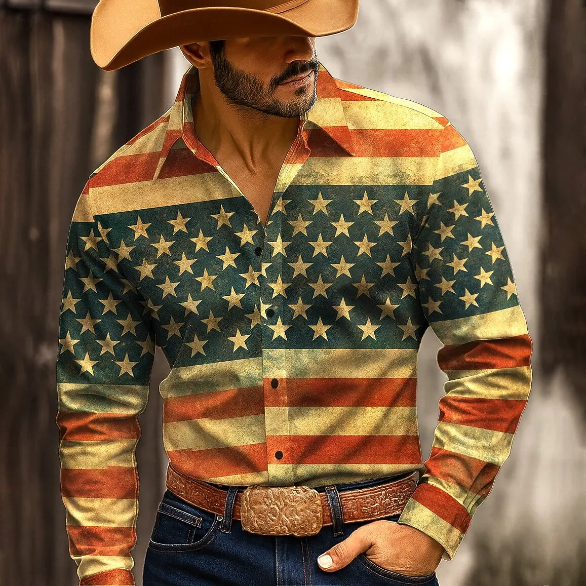 Vintage Men's Long Sleeve Shirt American US Flag Patriotic Shirt Button Up Streetwear Casual Comfort Polyester Slim Fit Shirts