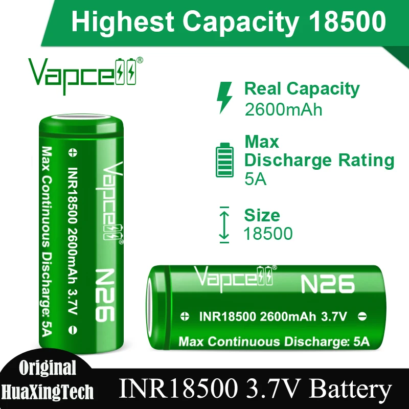 High Capacity Original Vapcell N26 INR 18500 Battery 2600mah 5A 3.7V VS N24 Cell Rechargeable Li-ion Battery For Camera Toys