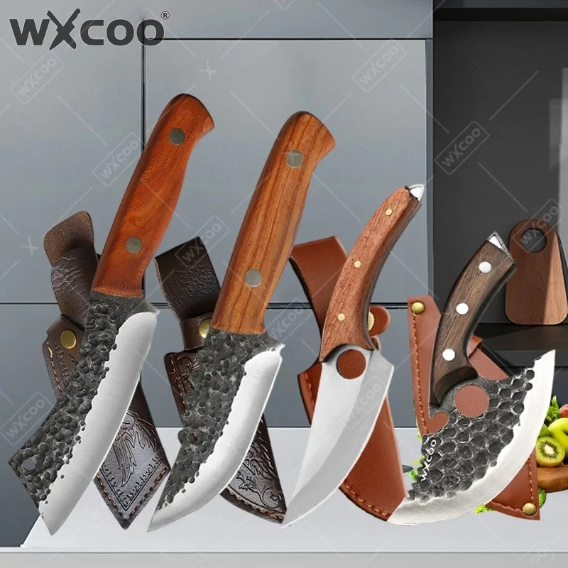 WXCOO 1~4PCS Kitchen Knives Meat Cleaver Hand Forged Butcher Knife for BBQ Cooking Fruit Peeling Knife with Sheath Bottle Opener