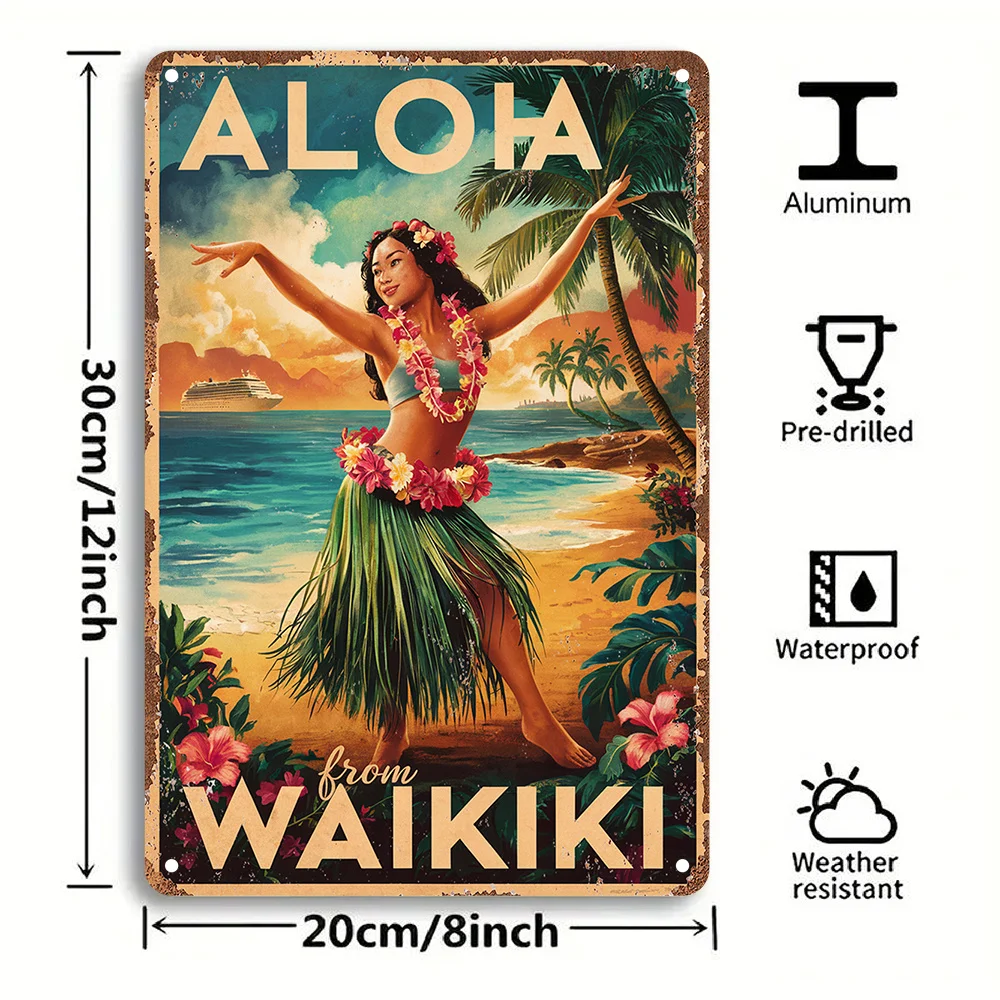 Aloha from Waikiki Vintage Metal Tin Sign, Aluminum Wall Art Decor for Garden, Bedroom, Garage, Christmas Decoration