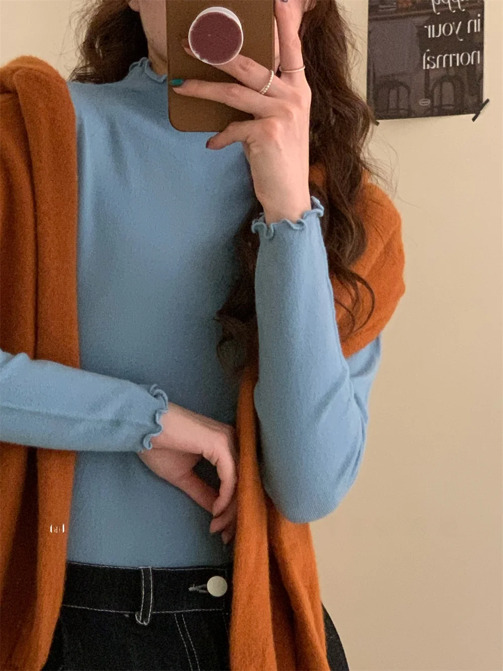 

Ультрамягкий вязаный топ, весенний универсальный базовый слой, деревянный дизайн, длинный свек, свитер стандартного кроя с высоким воротником