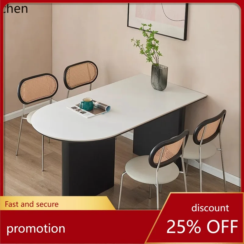 

HXL Solid Wood Island Table with Rock Board Dining Table and Chair Set Simple Oval Black Dining Table