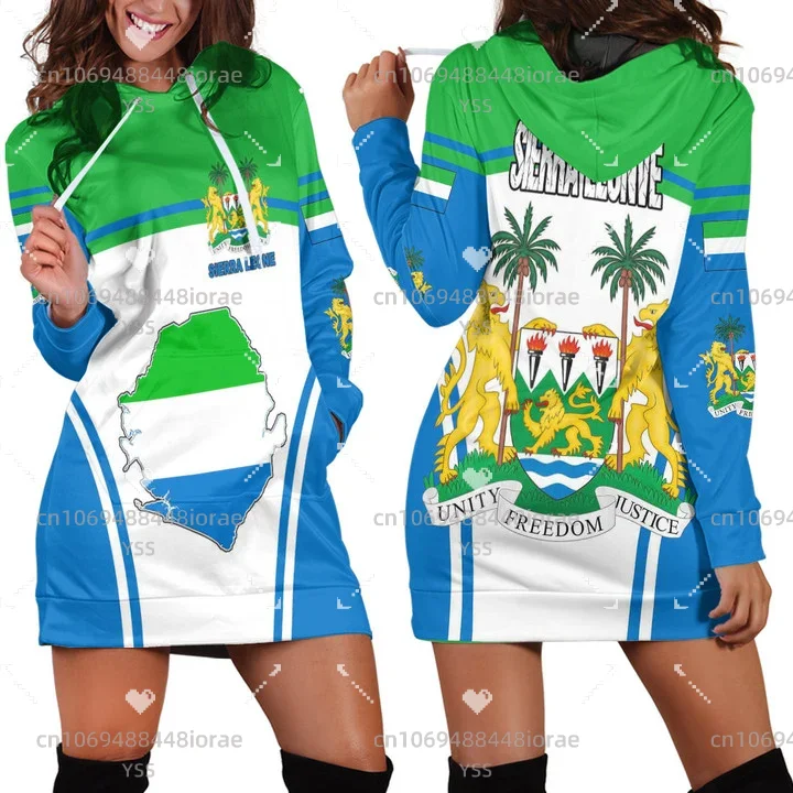 

New Women's Hoodie Dress Africa Zone Women's Clothing Hoodie Print Street Sweat Dress - Sierra Leone Active Flag Hoodie Dress