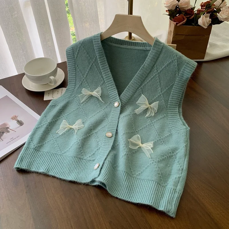 KUSAHIKI Butterfly Knot Knitted Vest Women\'s 2024 Autumn New Korean Style Causal Sweater Cardigan Waistcoat Jacket