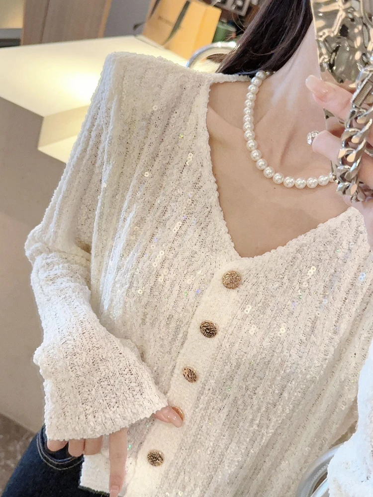 Graceful Advanced Light Luxury Gold Sle Knit cardigan Women 2024 New Celebri Sequined V-neck Bottoming Shirt Top