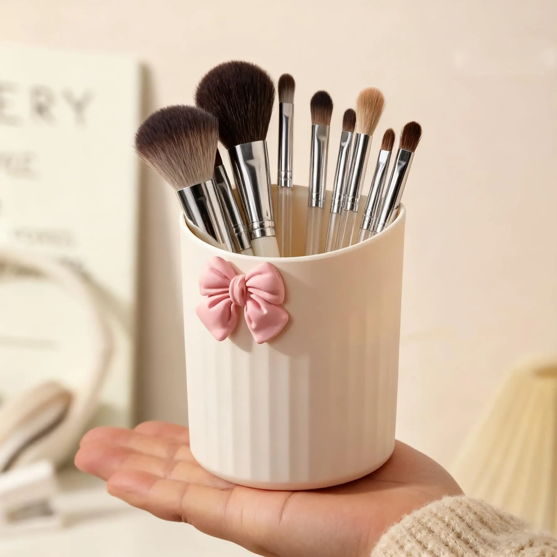 Wall Mounted Cup Holder with Bow, Waterproof Toothbrush Rack, Space-Saving Bathroom Organizer, No Drilling Needed, Includes Hook