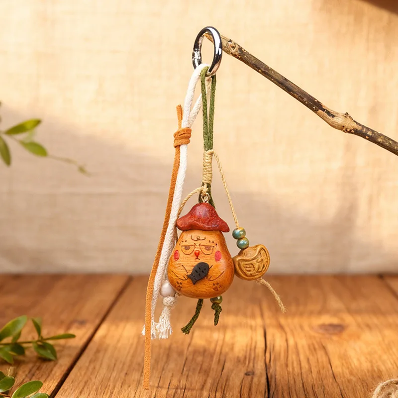 Creative Wooden Craft Carved Funny Cat Eating Fish DIY Keychain Pendant Bag Charm With Handwoven Rope Decoration Cute Ornament