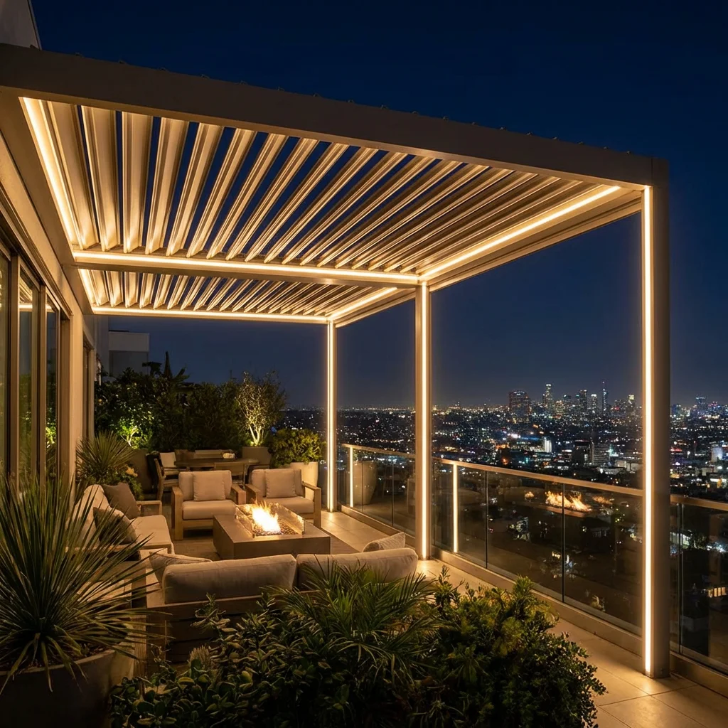 Balcony Environmentally Friendly Pavilion with LED Lights Stylish Aluminum Alloy Pergola Free Standing Panoramic Backyard Gazebo