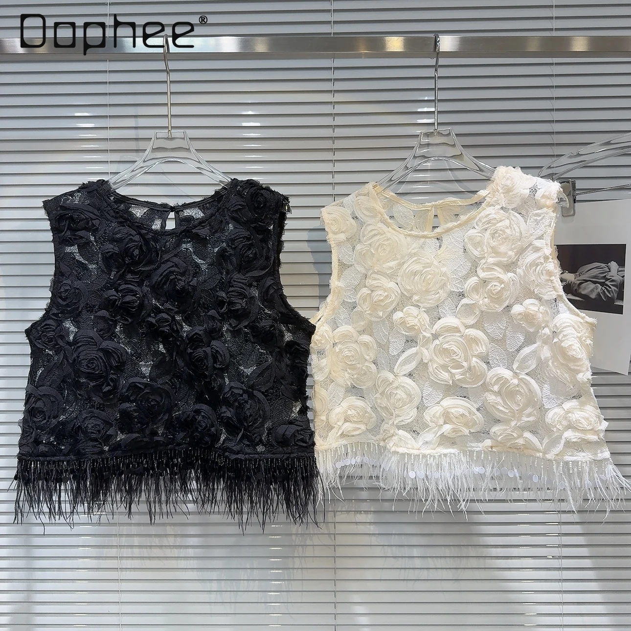 Elegant 3d Floral Lace Tank Tops Women See Through Sequin Tassels Beaded Round Neck Sleeveless Crop Top Button Back Vest