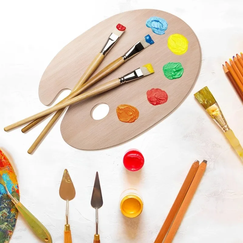 

3Pcs Wooden Oval-Shaped Artist Painting Palette for Oil and Watercolor, featuring a thumb hole for easy handling