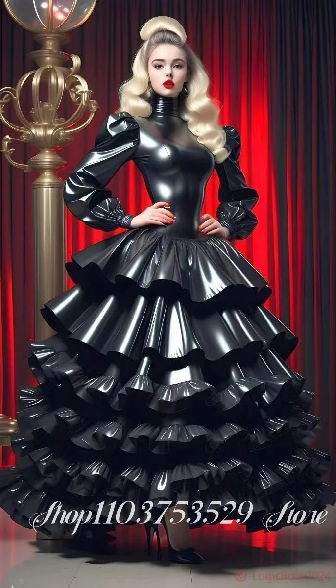 Maßgeschneidertes schwarzes Gothic-Abendkleid mit Stehkragen, figurbetontes, lasergeschnittenes, schimmerndes, langärmliges Ballkleid mit vollem Rocksaum