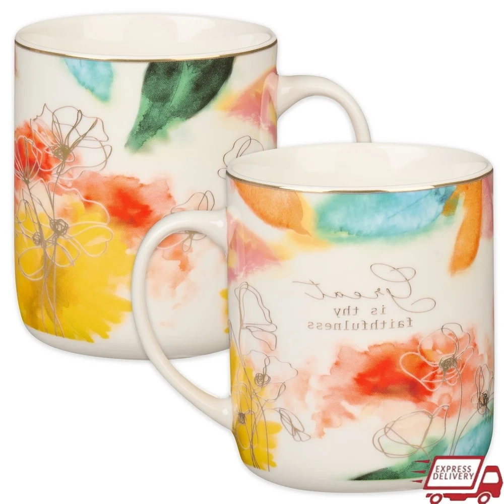 

Inspirational Ceramic Coffee Mug Great is Thy Faithfulness Abstract Floral Design Non-toxic Lead-free Gift Boxed Hand-wash