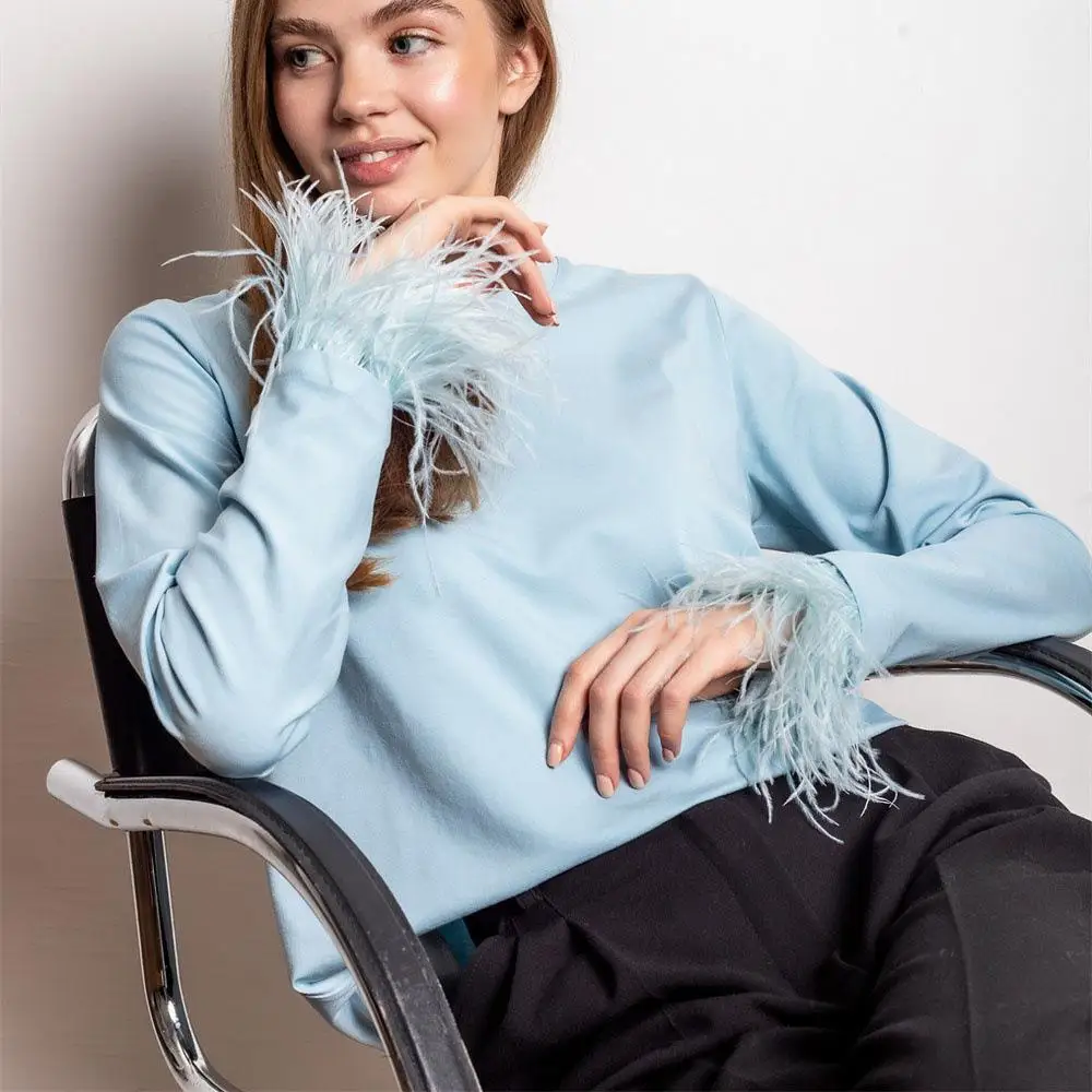 Women Round Neck Light Blue Long Sleeve Top With Feather Fringe Cuffs Loose Casual Elegant Party Daily Statement Blouse Shirt