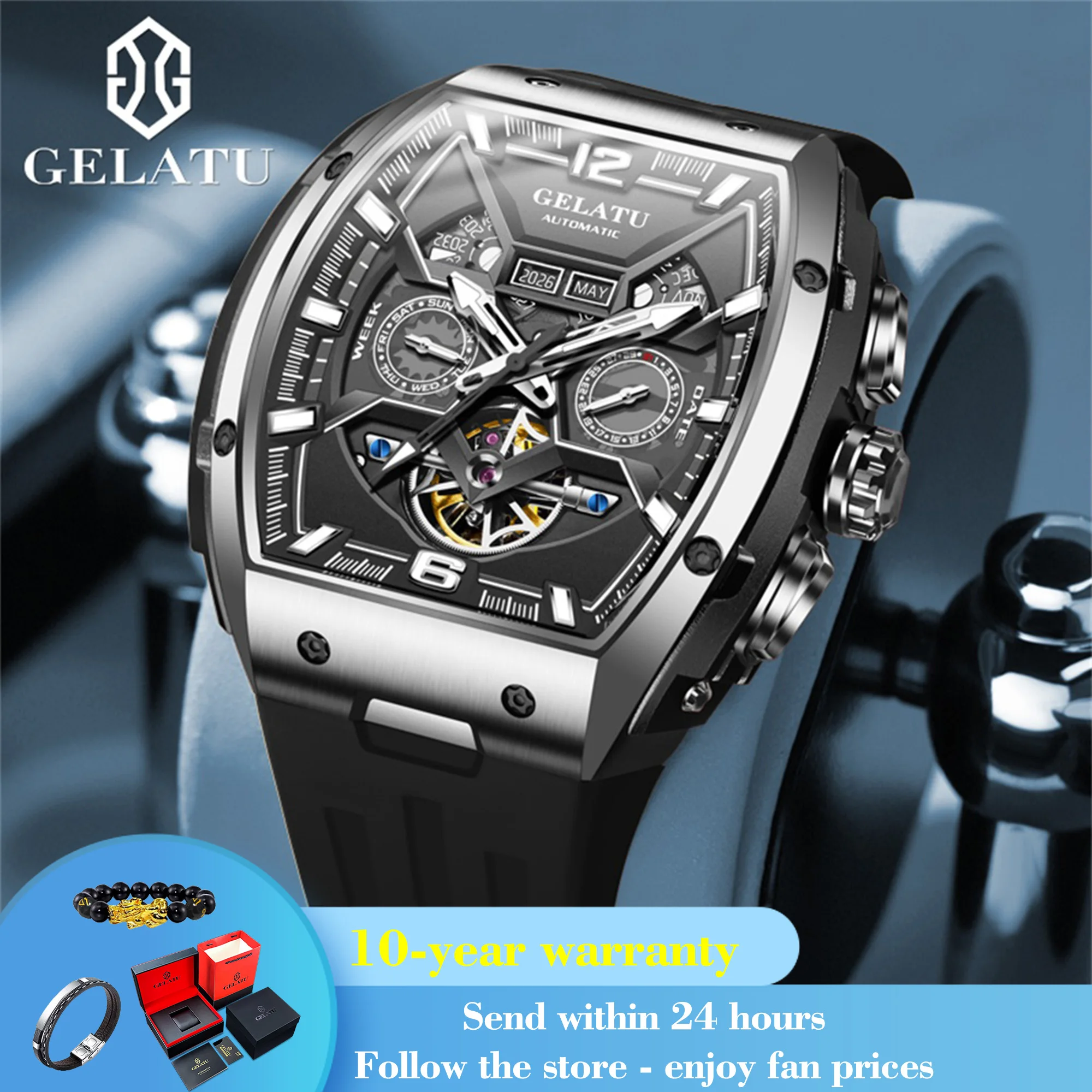 GELATU 6013 Original Fashion Mechanical Watch For Men Big Dial Hollow Automatic Wristwatch Silicone Strap Deep Waterproof Watch