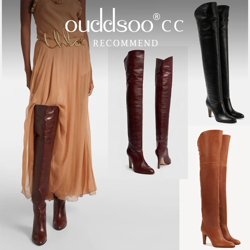 

Кожаные плиссированные сапоги выше колена Ods, сексуальные однотонные модные женские современные коричневые сапоги до бедра на шпильке с острым носком 41434546