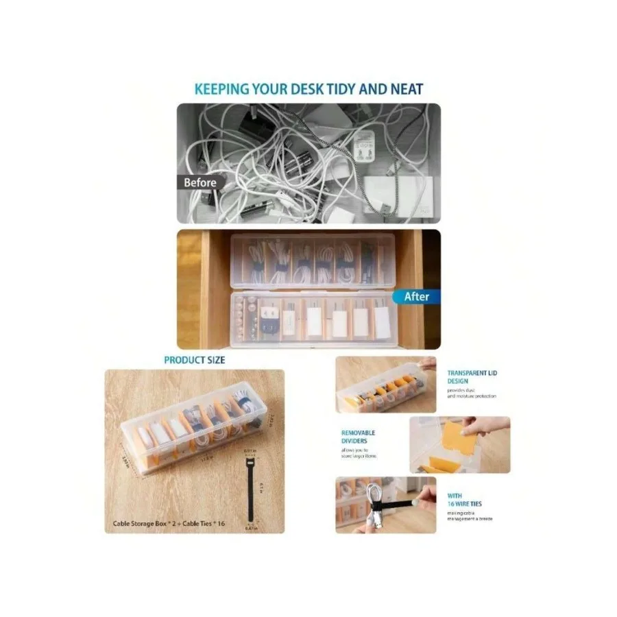 2 Pack Organizer Storage Box With 16 Ties, Phone Organizer Case Wire Organizers Cords Electronic Storage Box Drawer Desk Office