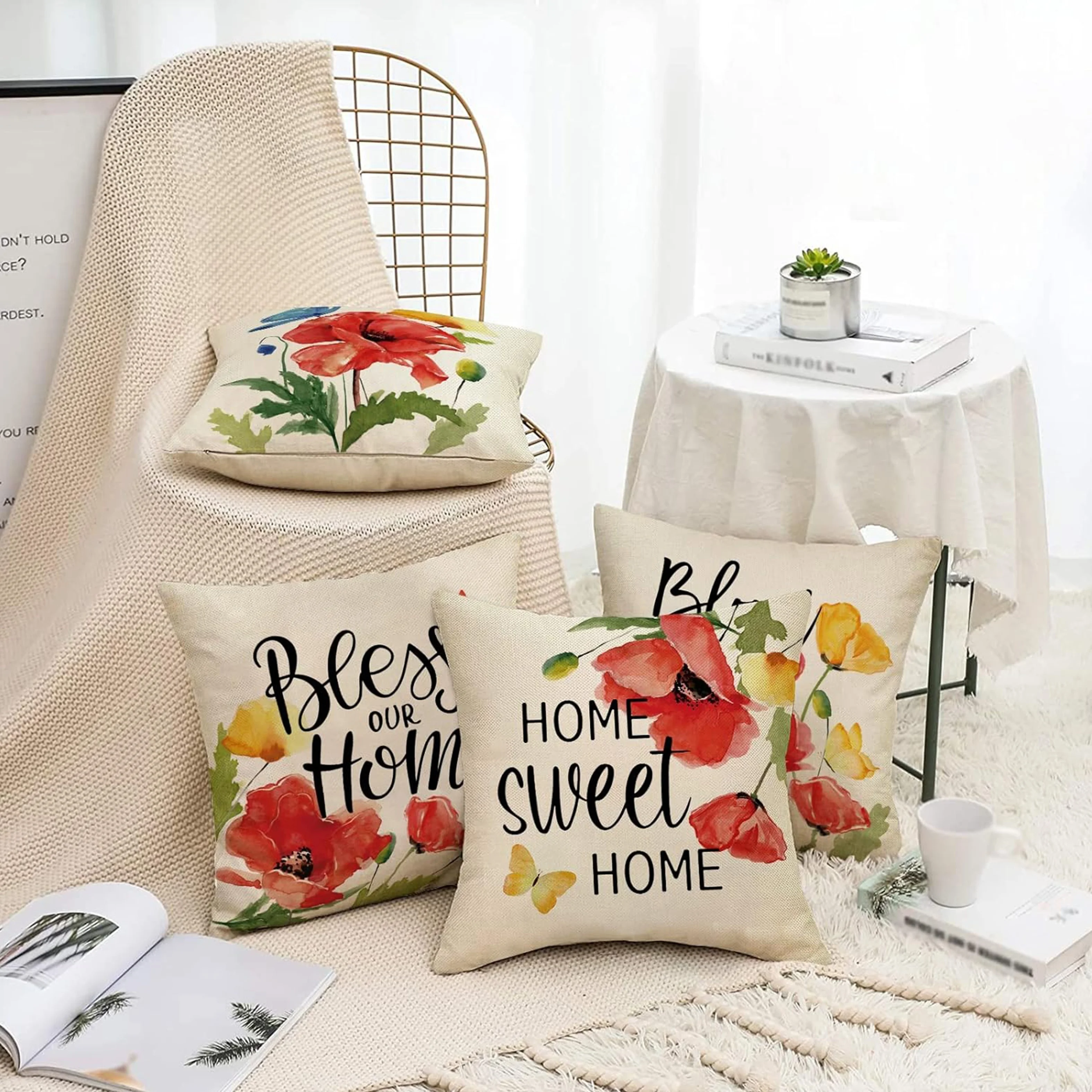 Set of 4 Floral Pillow Covers Rustic Poppy Print Boho Cushion Case Farmhouse Decor for Home Sweet Home Gift