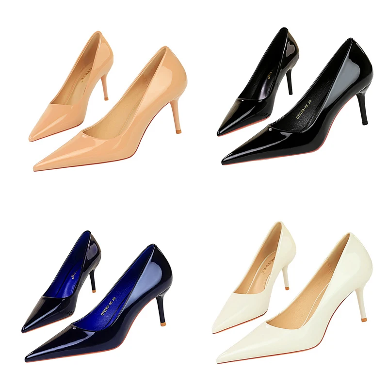 Women 7cm High Heels Career Temperament Work Pumps Lady Stiletto Heels Glossy Leather Fetish Royal Blue Nude Party Concise Shoes