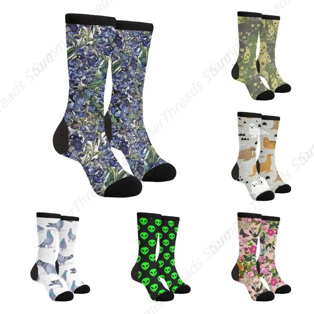 

Purple Iris Men Women Funny Crazy Novelty Crew Tube Socks, Casual Athletic Sport Dress Blue Pigeon Bird White Socks