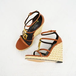 2025new summer women's hemp rope wedge sandals GJ luxurious and fashionable banquet women's shoes hand woven solid color sandals