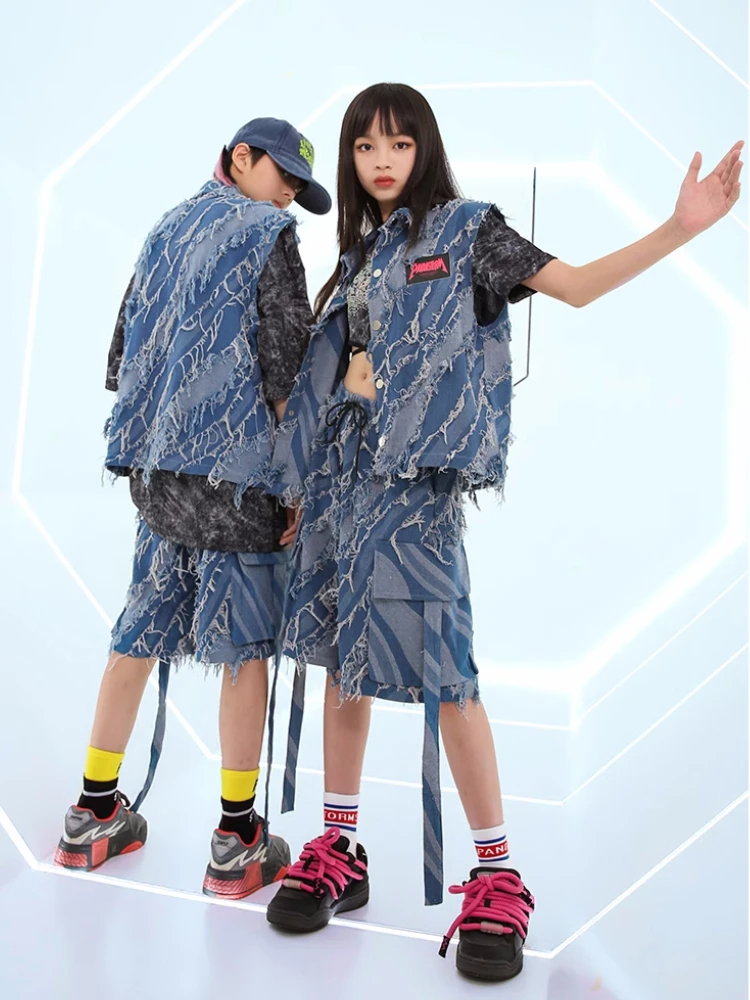 Neue Hip Hop Street Dance Kleidung für Kinder Blau Denim Weste Shorts T-shirt Jungen Mädchen Jazz Performance Kostüm Teenager Bühne Outfits