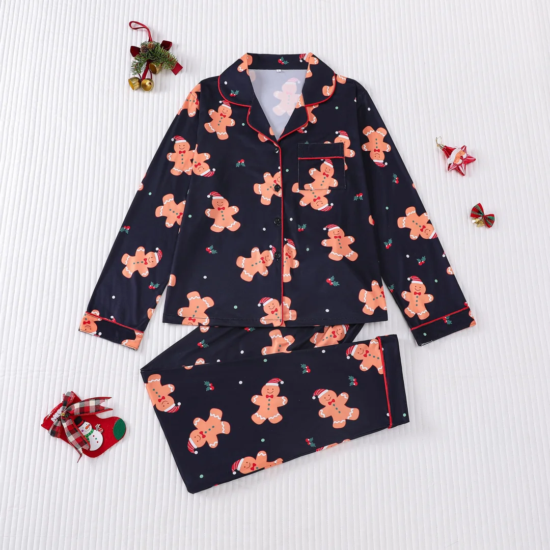 

Black Christmas Themed Pajama Set with Gingerbread Man Print Lapel Long-sleeved and Long Pants Cardigan Home Wear for Women