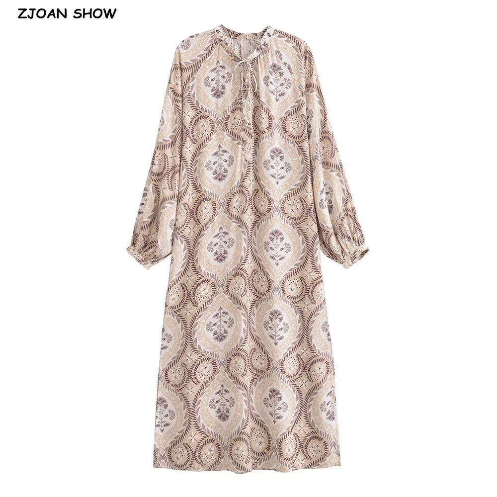 

2024 BOHO Khaki Totem Flower Print Bow Lacing up Neck Long Straight Dress Women Double Side Slit Full Sleeve Midi Robe Holiday