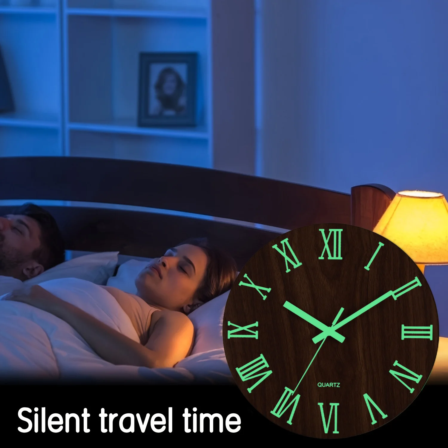 1pc Wooden Glow-in-the-Dark Wall Clock, Brown Retro Wood Grain Roman Numerals Design Wall Clock, Silent Clock, Home Decor view 2