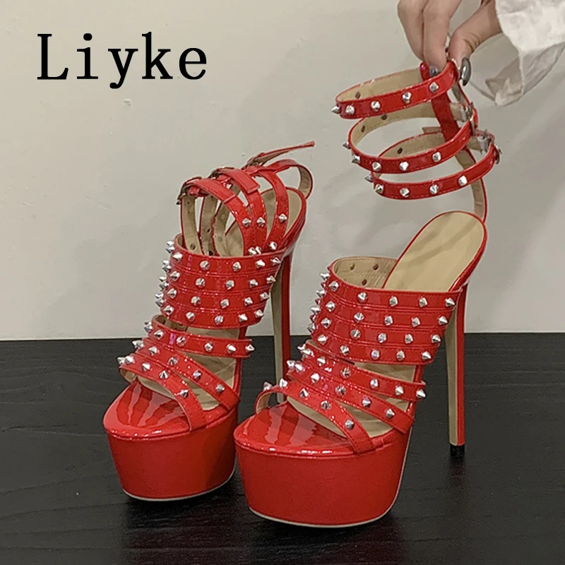 

Liyke 2026 New Summer Platform High Heels Sandals Women Sexy Peep Toe Pumps Fashion Rivet Decoration Ladies Wedding Banquet Shoe