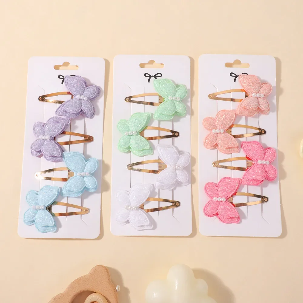 

Набор из 4 заколок для волос «Милые бабочки» с жемчугом и двойным бантом для девочек, аксессуары для волос, заколки для челки