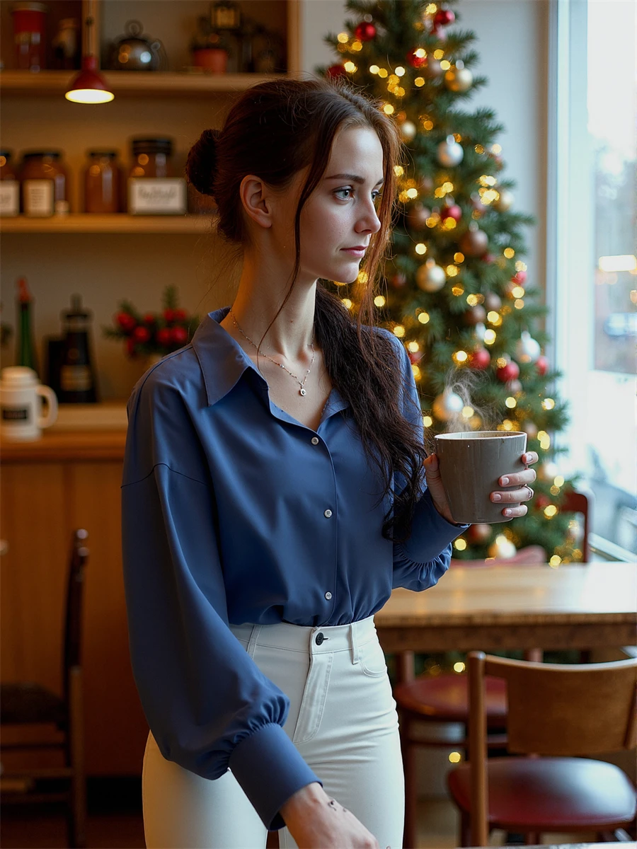 مخطط بوبلين مريح القطع على طراز Preppy طلاب الجامعات ربيع طوال اليوم خفيف الوزن للاستخدام اليومي للنساء بأزرار سفلية #1