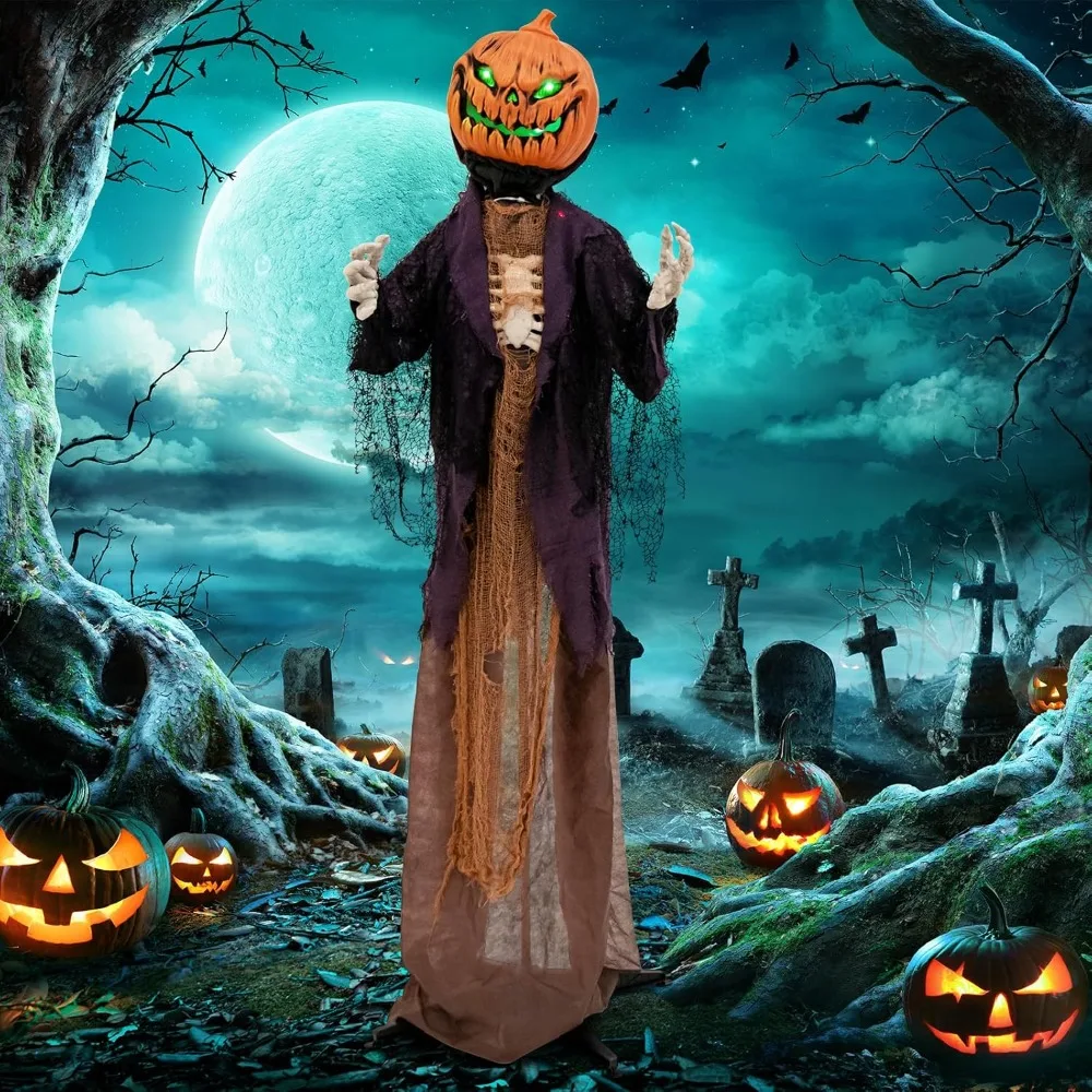 

5.6 FT Halloween Animated Standing Pumpkin Scarecrow, Animatronic Halloween Decoration with Pre-Recorded Creepy Sound