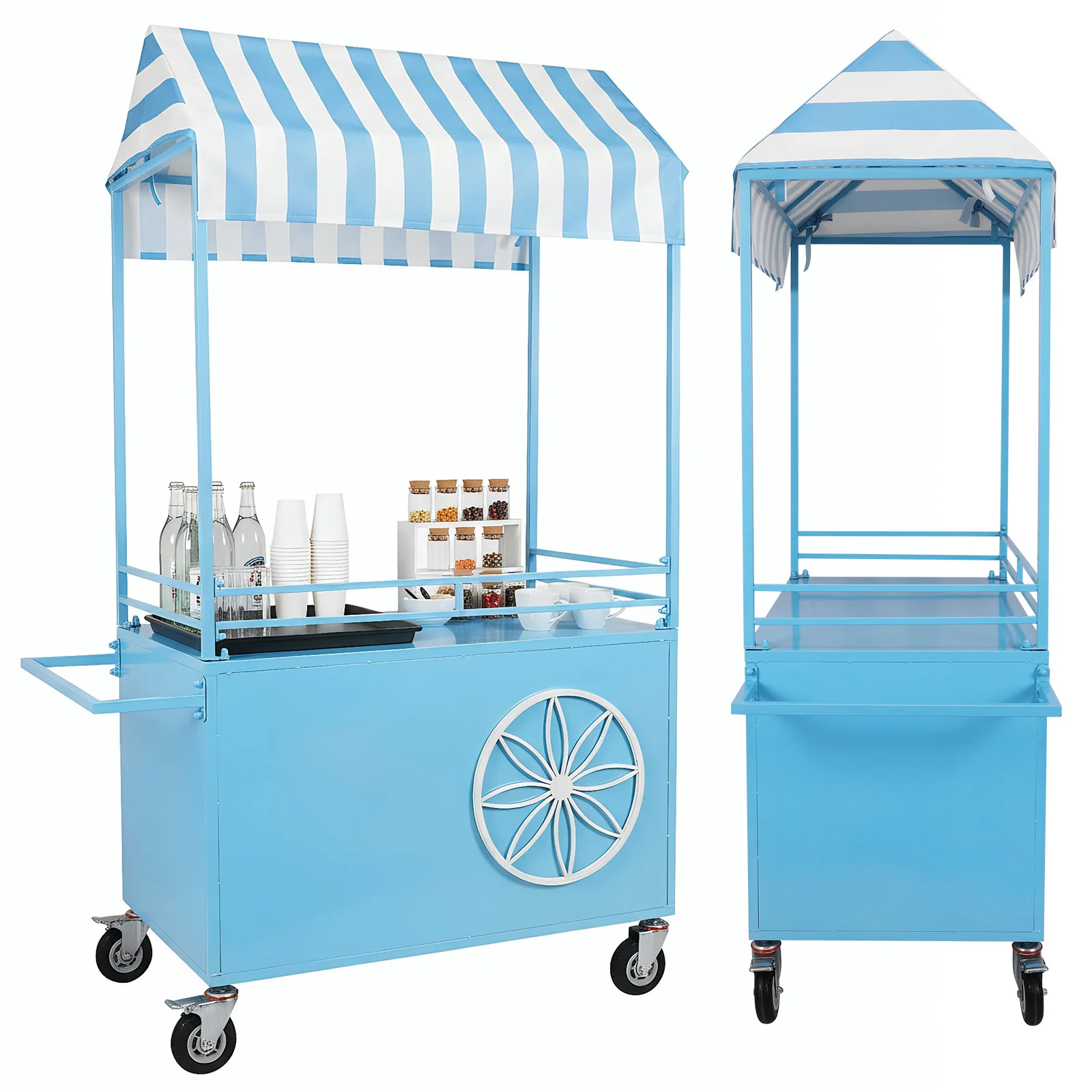 

Portable Food Display Stand with Lockable Wheels Vending Stand Kiosk Display Trolley with Canopy for Fairs Festivals and Events